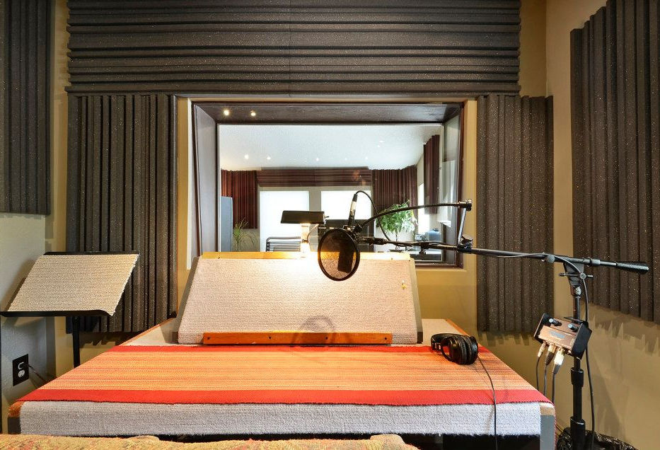 View from inside the VO booth looking into The Sound Lab control room, Austin TX audio studio