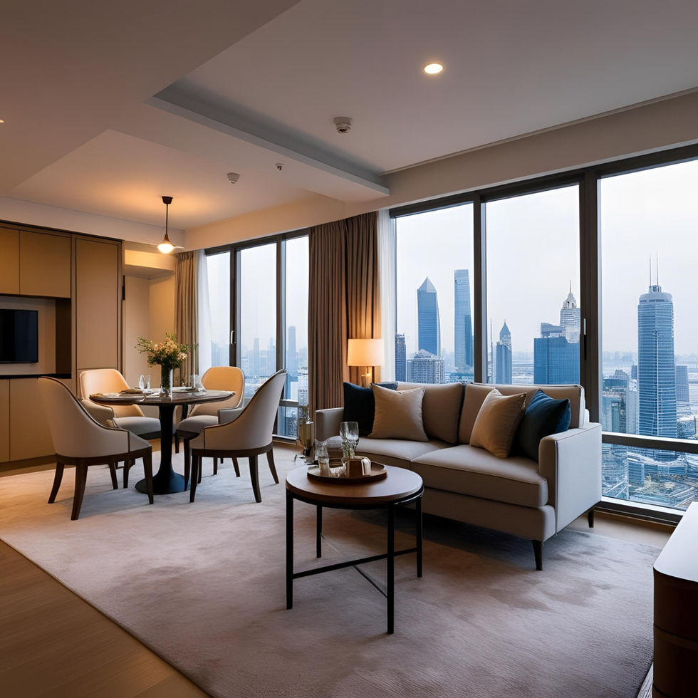 Modern living and dining room with city view