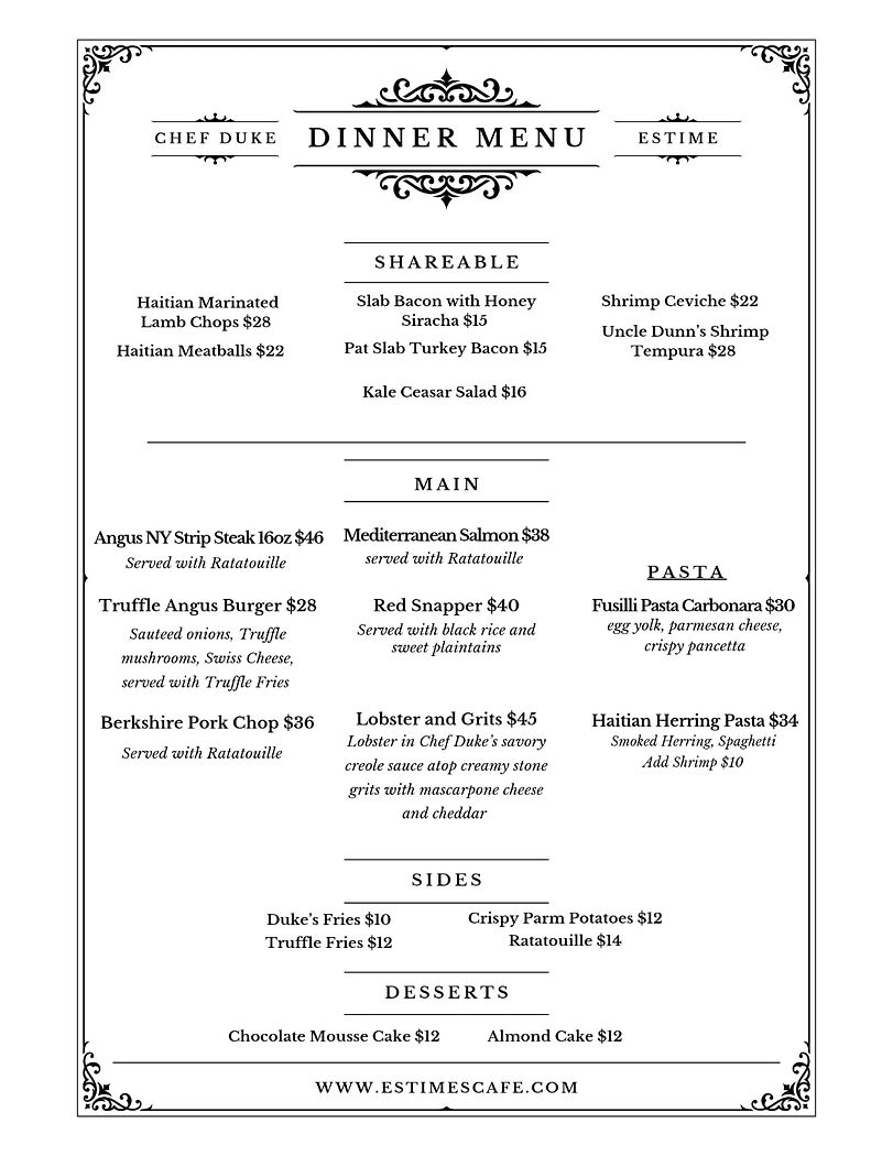 Dinner Menu Estime's Cafe