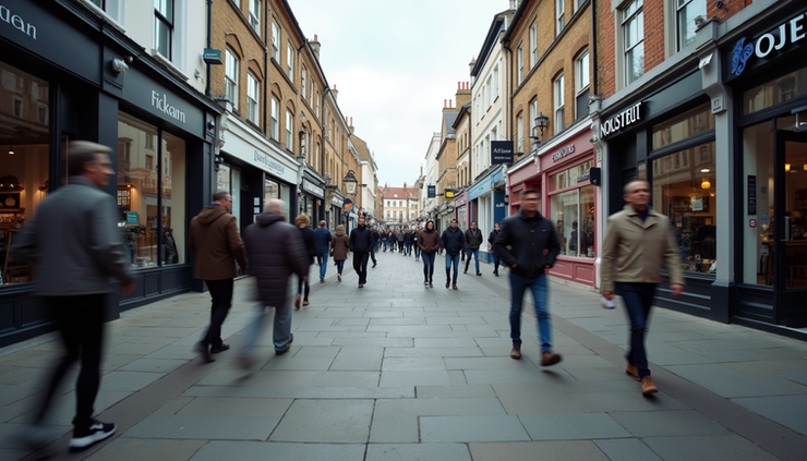 Eye-level view of Mitcham town centre with shops and pedestrians