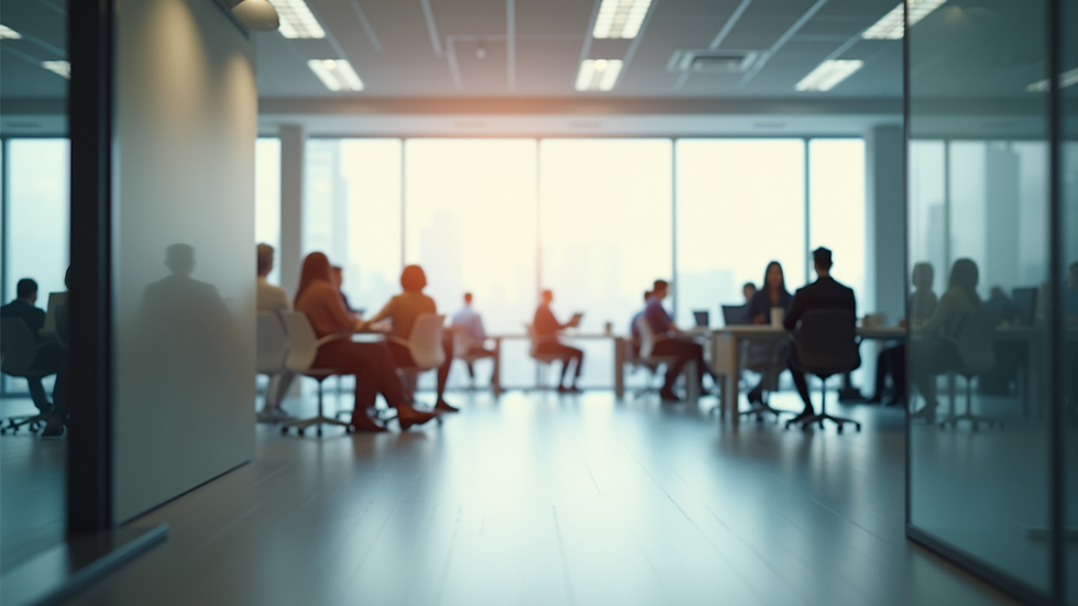 Eye-level view of an office interior filled with natural light from clean windows