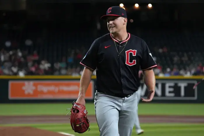 Baseball player Parker Messick on the field  during a Guardians game.