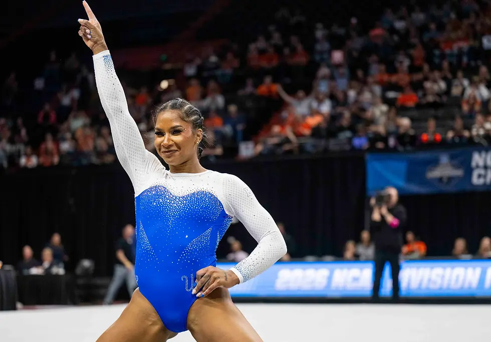 Gymnast Jordan Chiles holding her final pose, one arm in the air and the other on her hip, at her final 2026 floor routine.