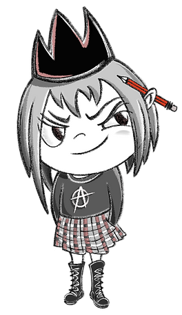 llustration of a cartoon character with a sassy expression, wearing a black crown, a dark t-shirt with an anarchy symbol, and a plaid skirt, accessorized with a pencil behind one ear.