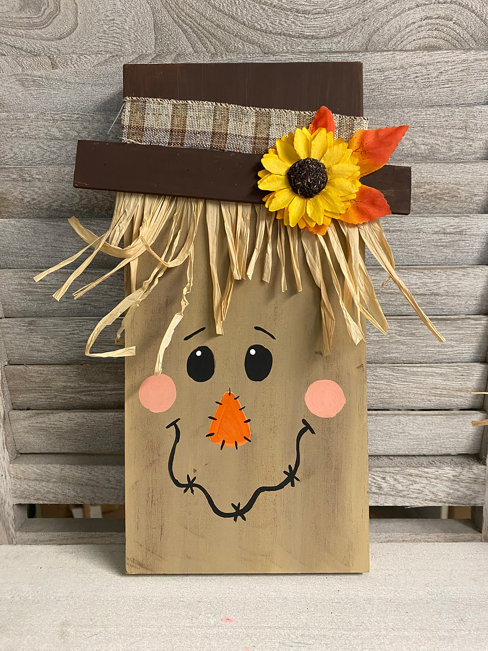 Happy Scarecrow on 5 1/2 x 12 inch pine board