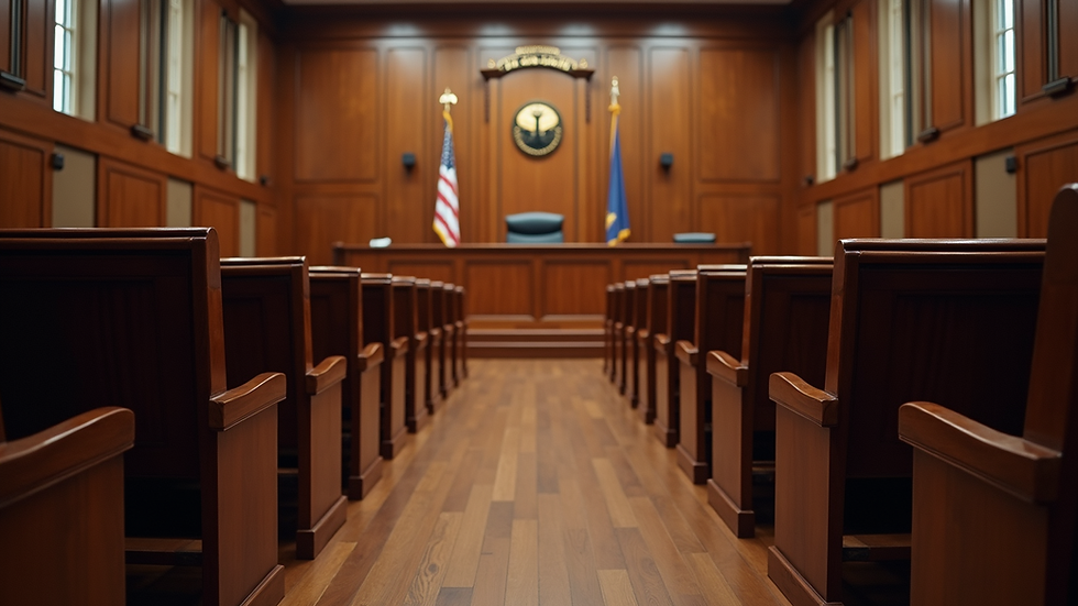 Eye-level view of a courtroom with a judge's bench and empty seats
