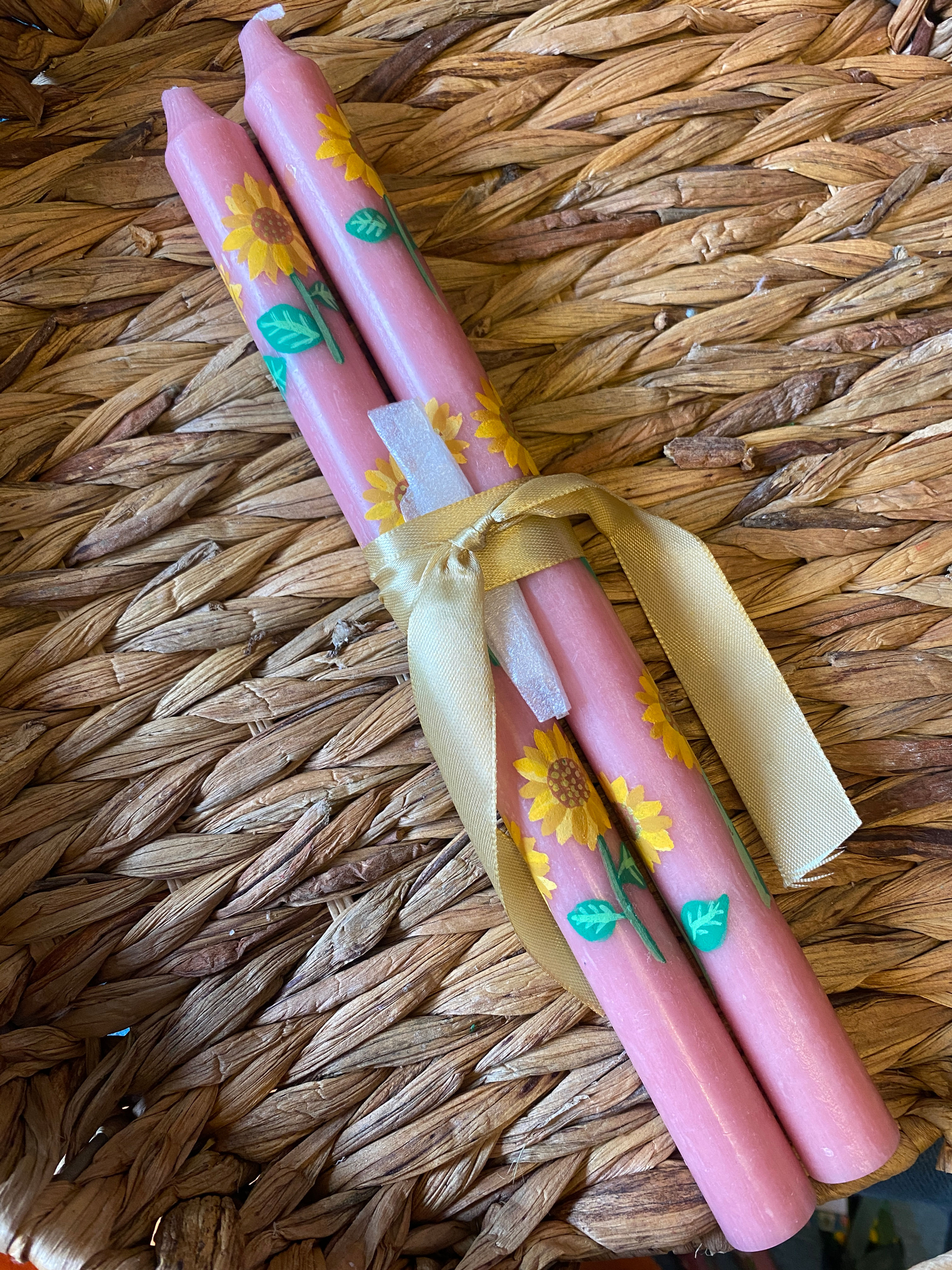 2 x Handpainted Pink Candles with Sunflower Design