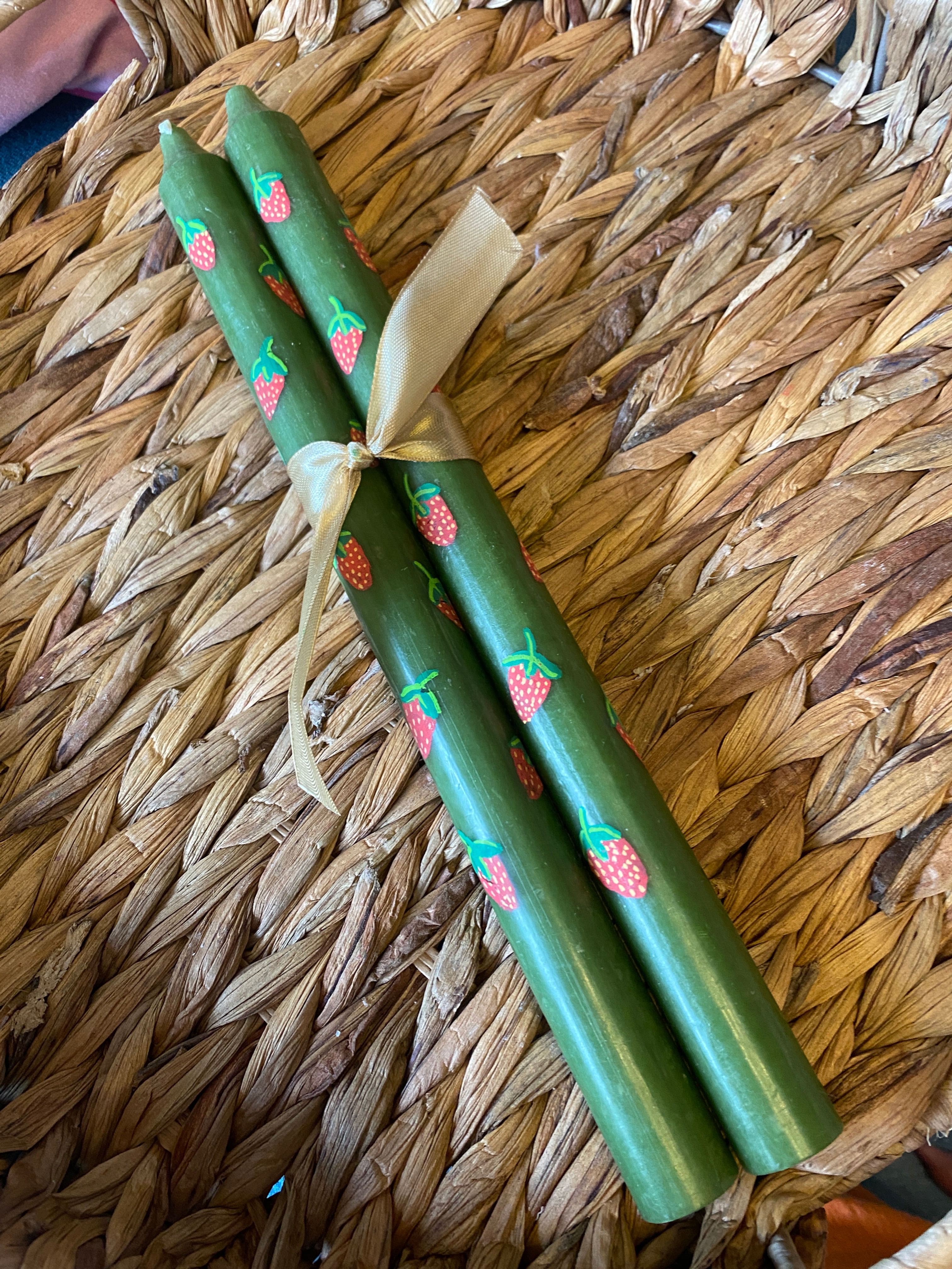 2 x Handpainted Green Candles with Strawberry Design
