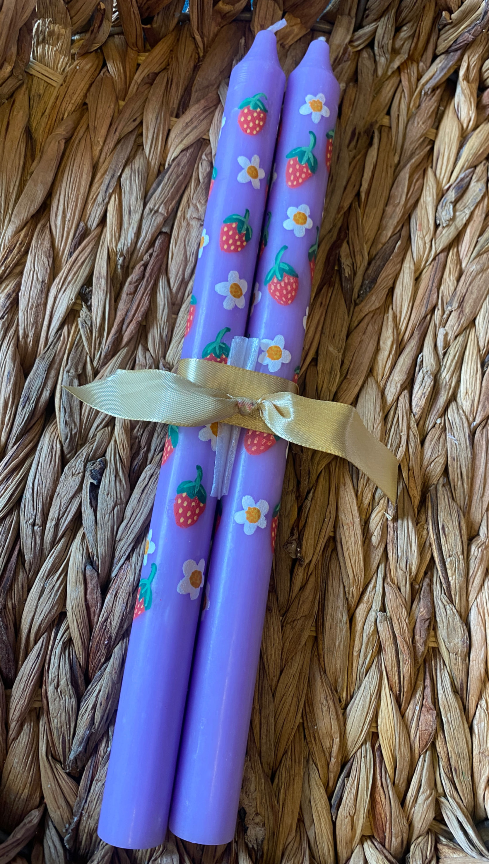 2 x Handpainted Purple Candles with Strawberry Design - Purple