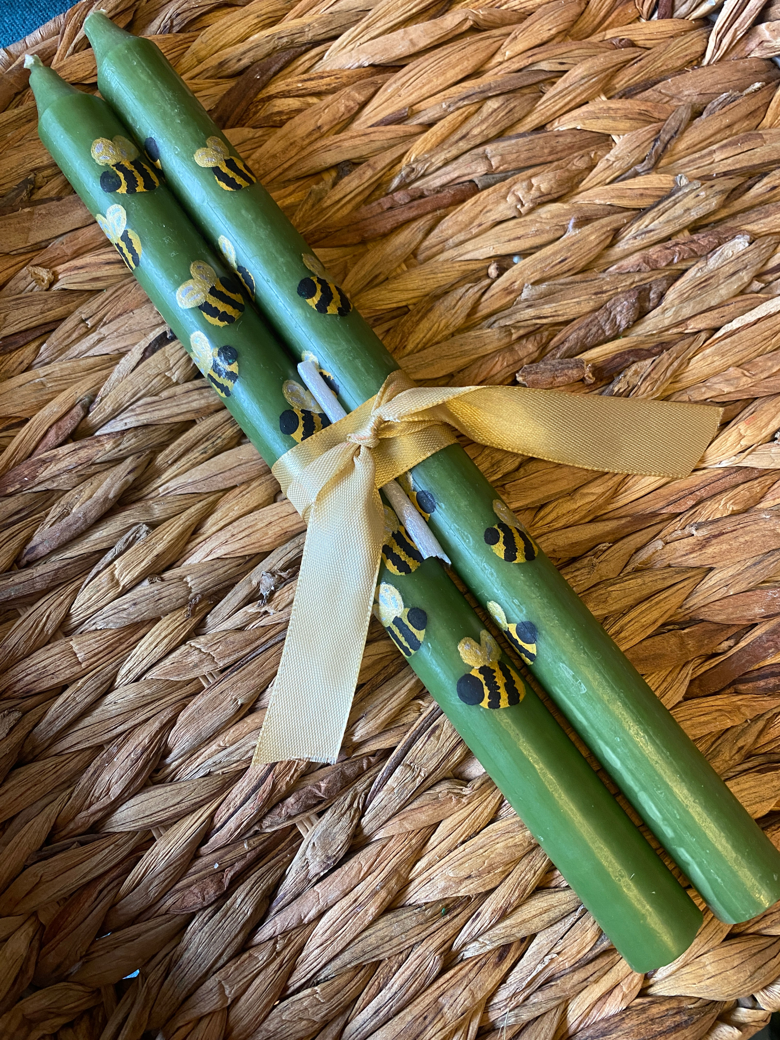 2 x Handpainted Green Candles with Bee Design
