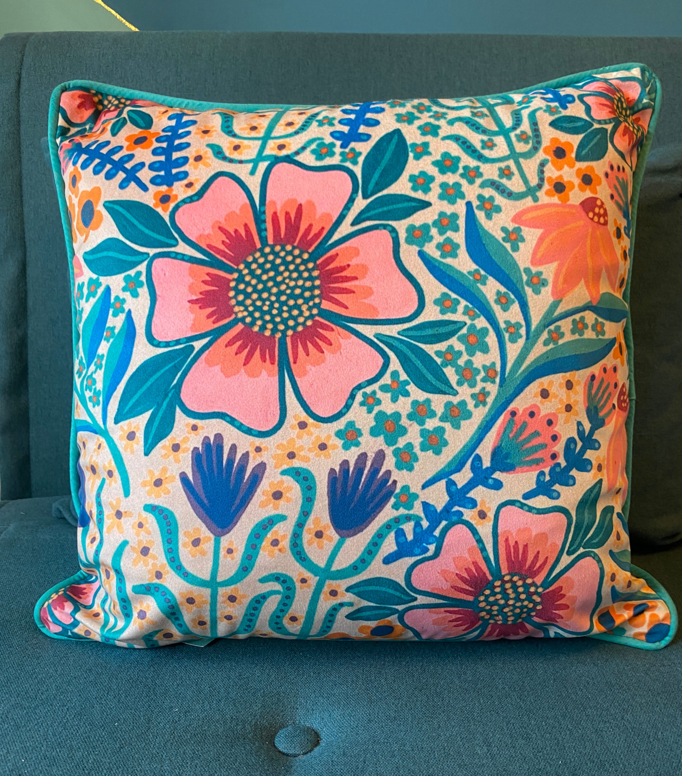 Floral Velvet Cushion - Light Teal