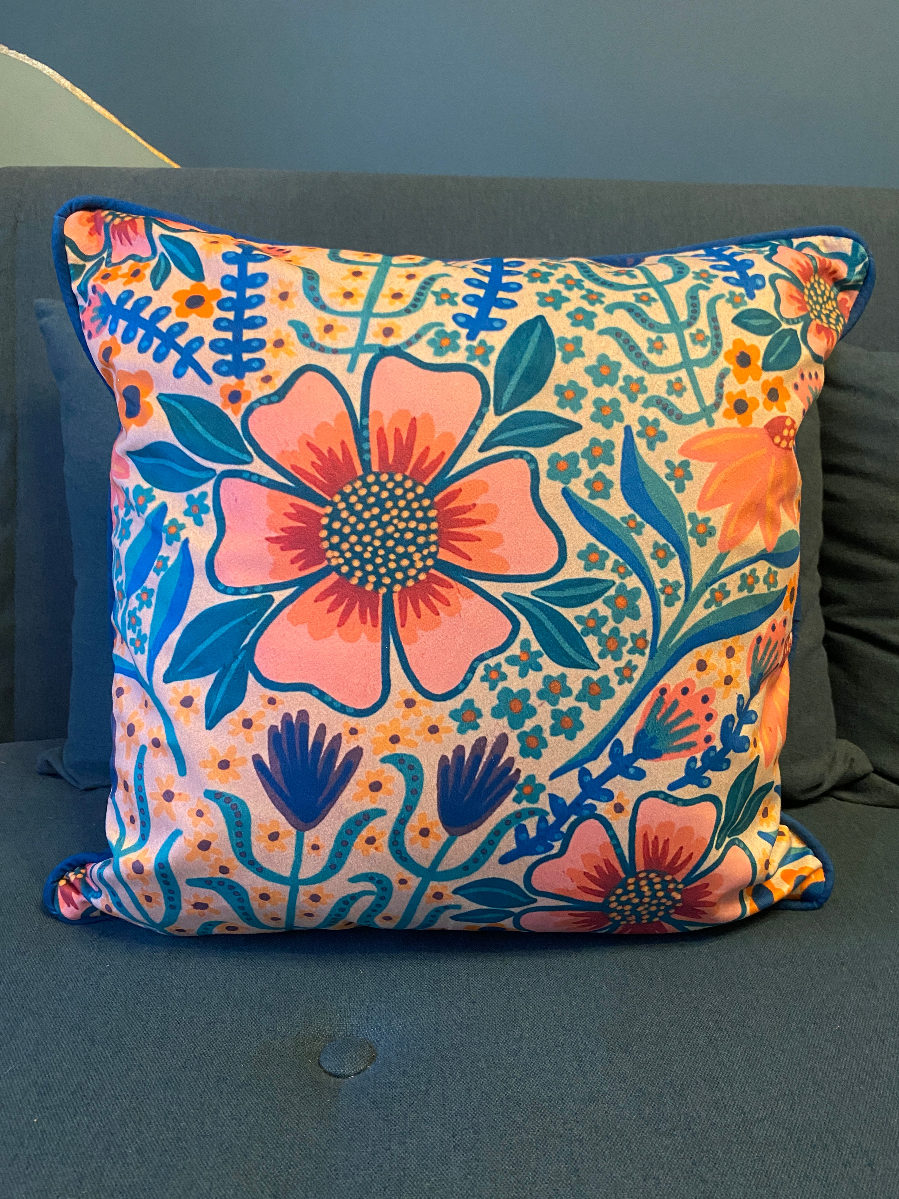 Floral Velvet Cushion - Deep Blue