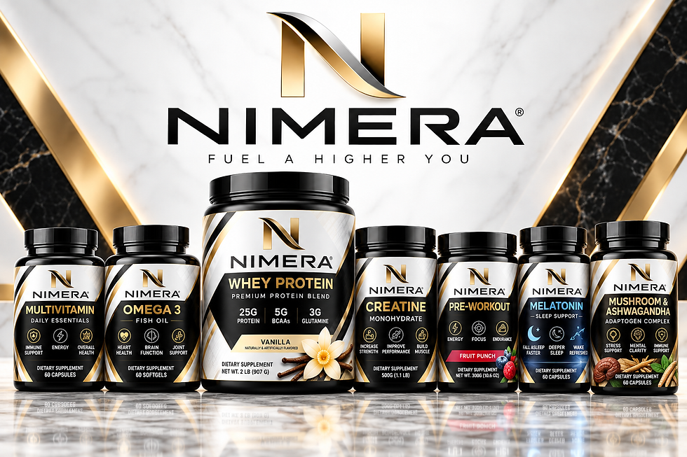Nimera supplement product line bottles and tubs