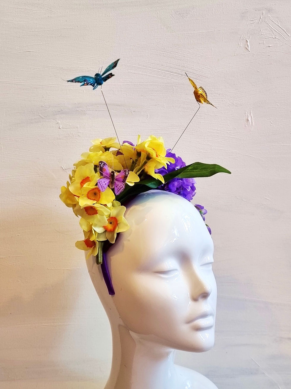 Thumbnail: Daffodils and lilac flower headdress with butterflies