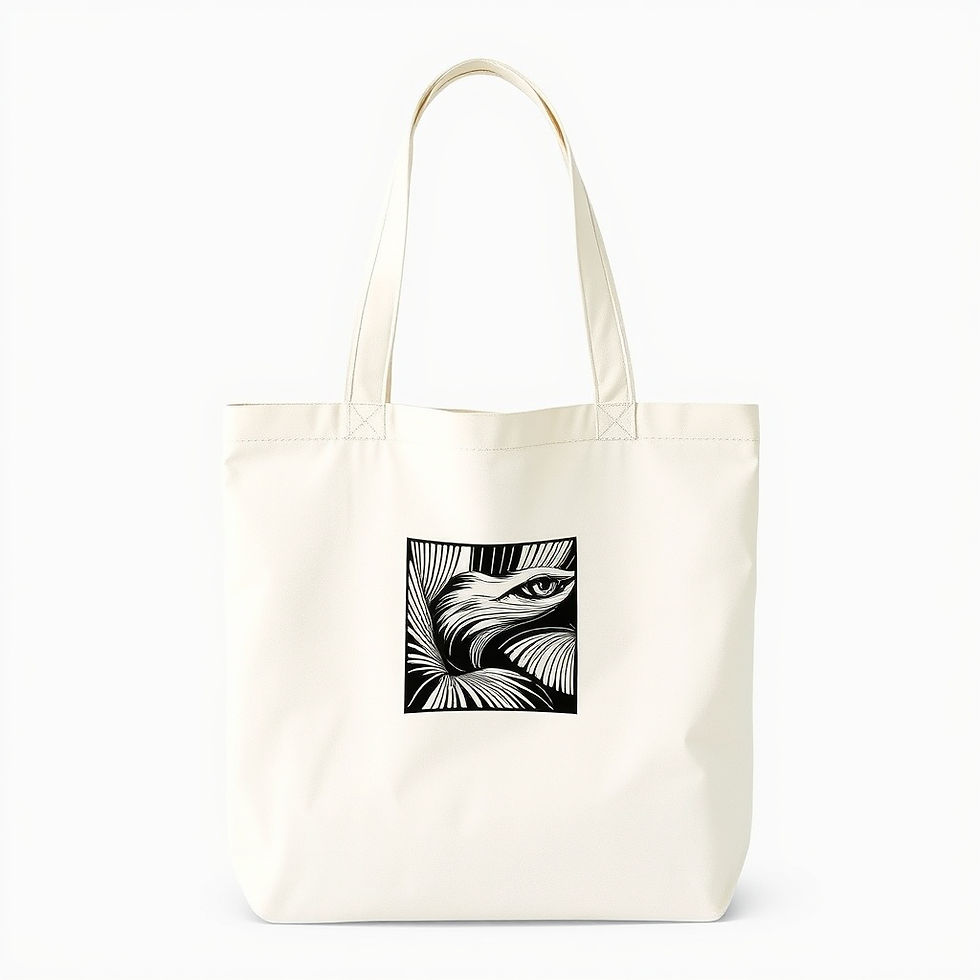 tote bag with lino print small square in Centre of the bag Image flat colour monochrome