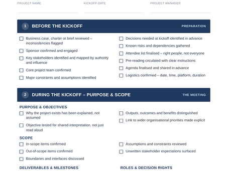 Project Kickoff Checklist poster with blue header and detailed project kickoff checklist fields and checkboxes for preparation and scope.