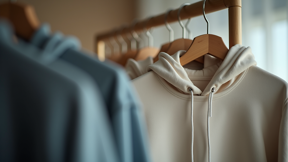 Close-up view of a unisex hoodie with a minimalist design on a hanger