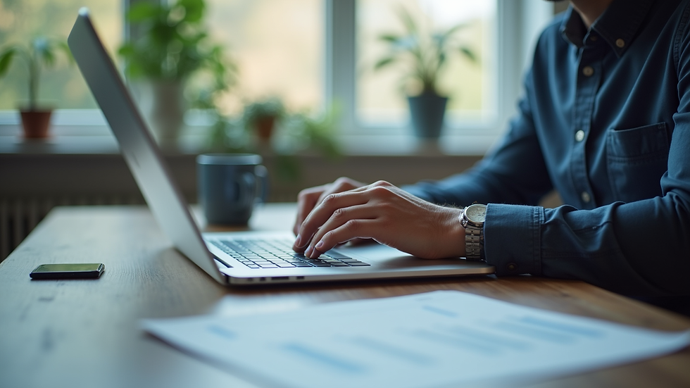 Close-up view of a project manager using a laptop to track project progress