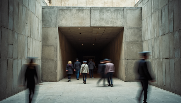 High angle view of the entrance to Bunk’Art 2 museum with visitors outside