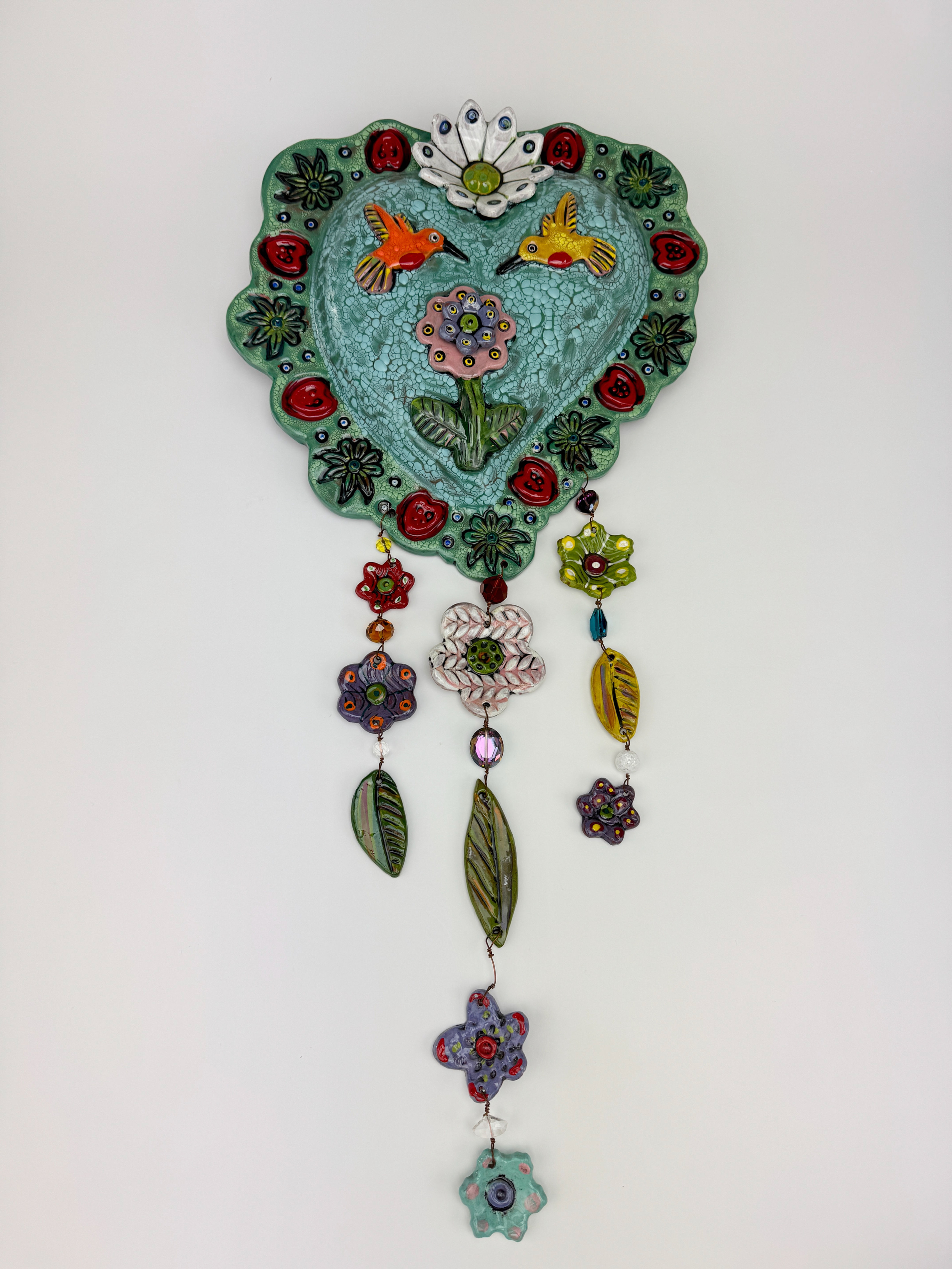 Hummingbirds and Flowers Hanging Sculpture Front Lilia Venier Ceramics