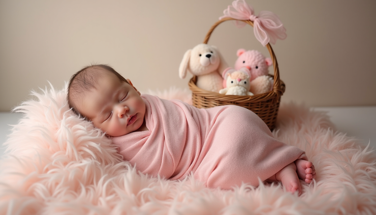 Eye-level view of a newborn baby wrapped in a pastel pink blanket lying next to a small Easter basket with soft toys
