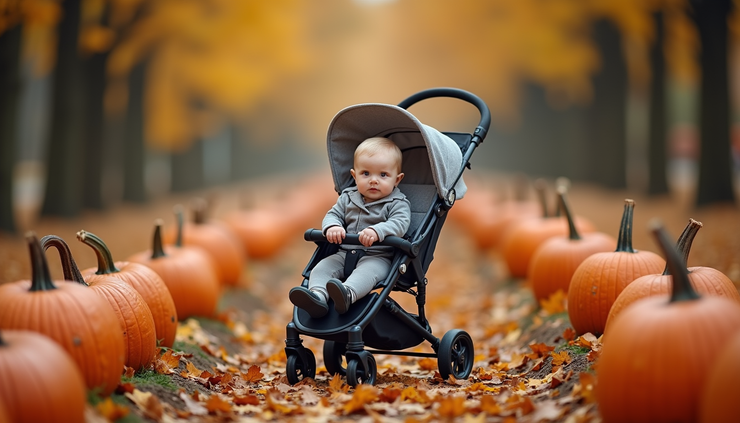 Eye-level view of a baby stroller surrounded by pumpkins and fallen leaves