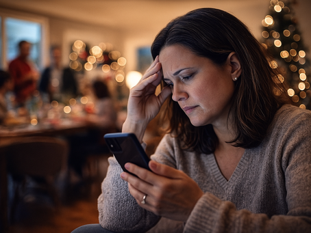 A stressed out woman looking at her phone at a holiday gathering.