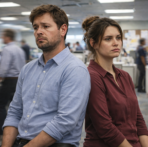 An Overhwlmed man and woman stare off into the distance at work.