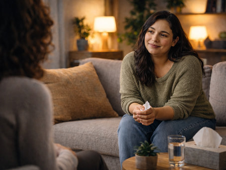 A Young Latina Woman Talking to a Therapist about Depression