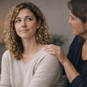 A female therapist comforting an adult female patient