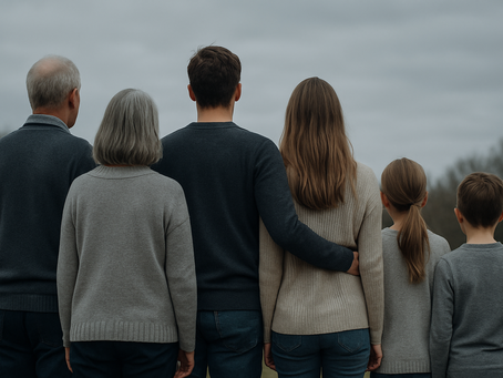 Three generations of a family standing with their backs turned away.