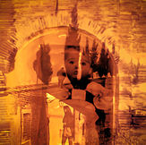 Fine-art photograph created using superimposed negatives arranged in a circular composition. The image blends arched architecture, human figures, and a child's face, creating an effect of temporal compression framed by chromatic aberrations at the edges.