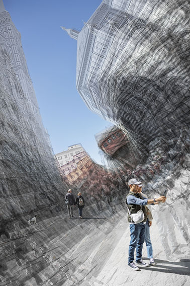 Conceptual street photography in Florence, Italy, featuring a couple taking a selfie using an ICM technique blended with multiple exposures of the cathedral architecture.