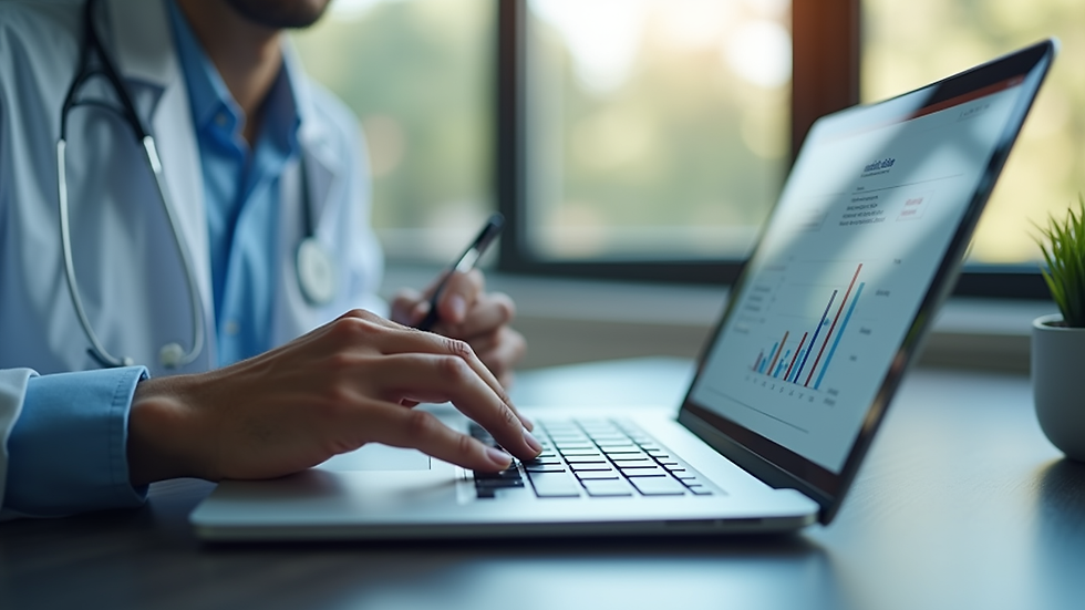 Close-up view of a consultant reviewing healthcare data on a laptop