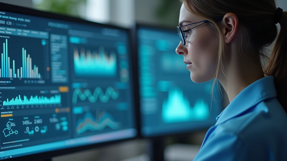 Close-up view of a compliance officer analyzing healthcare data on a computer screen