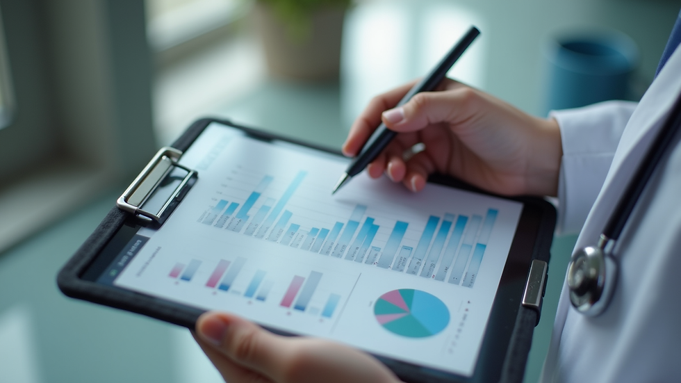 Close-up view of a healthcare professional analyzing financial reports on a tablet