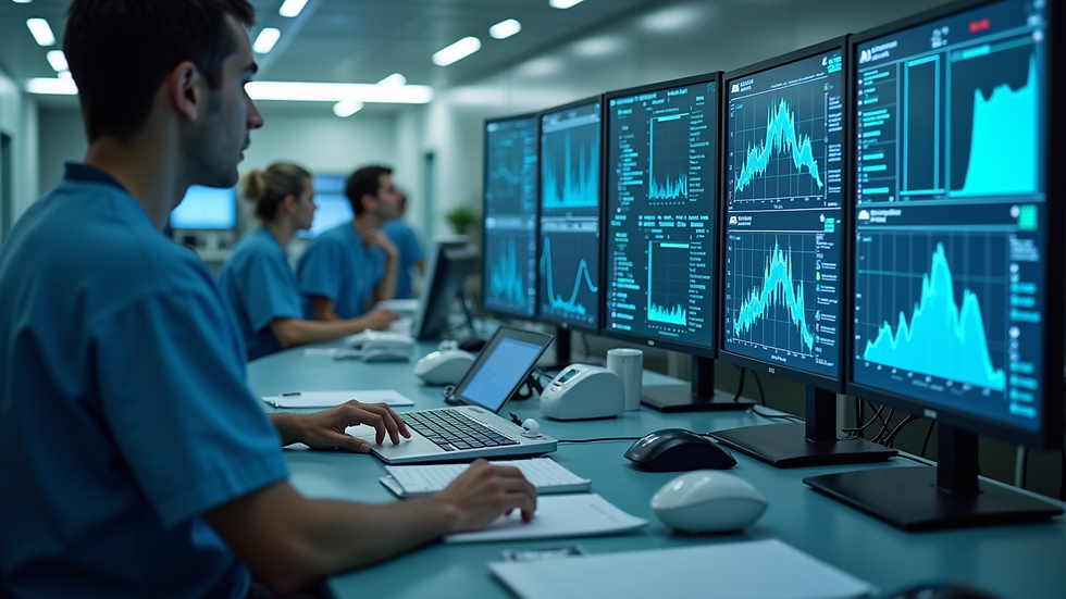 Eye-level view of a modern hospital control room with digital monitoring screens