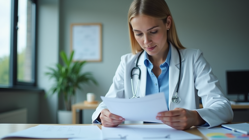 Eye-level view of a healthcare professional reviewing compliance documents in an office