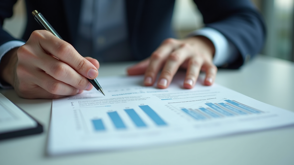 Close-up view of a compliance officer analyzing regulatory documents on a desk