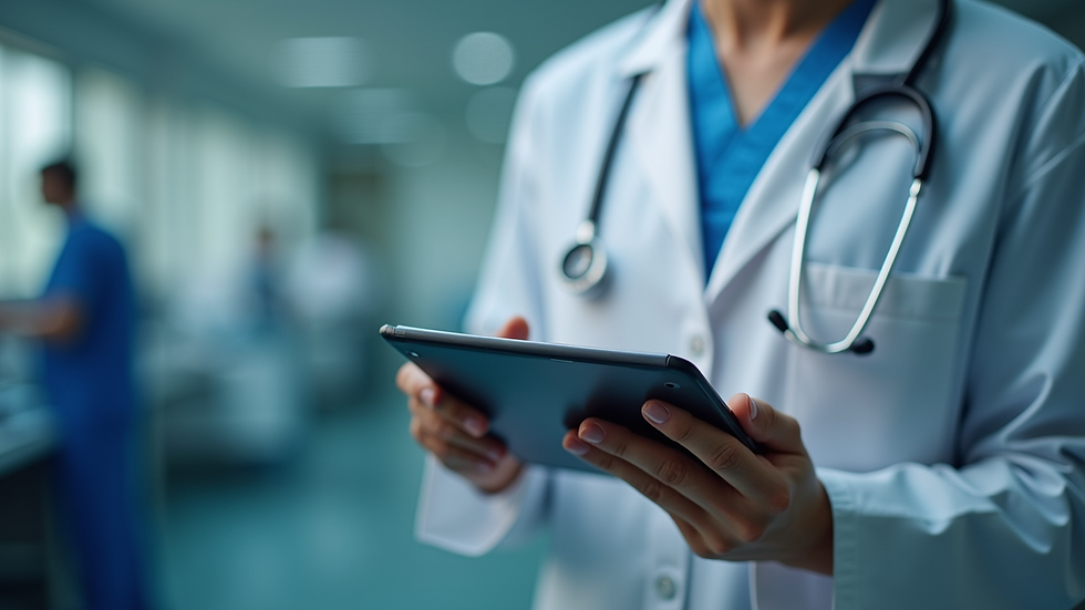 Close-up view of a healthcare professional analyzing patient data on a digital tablet