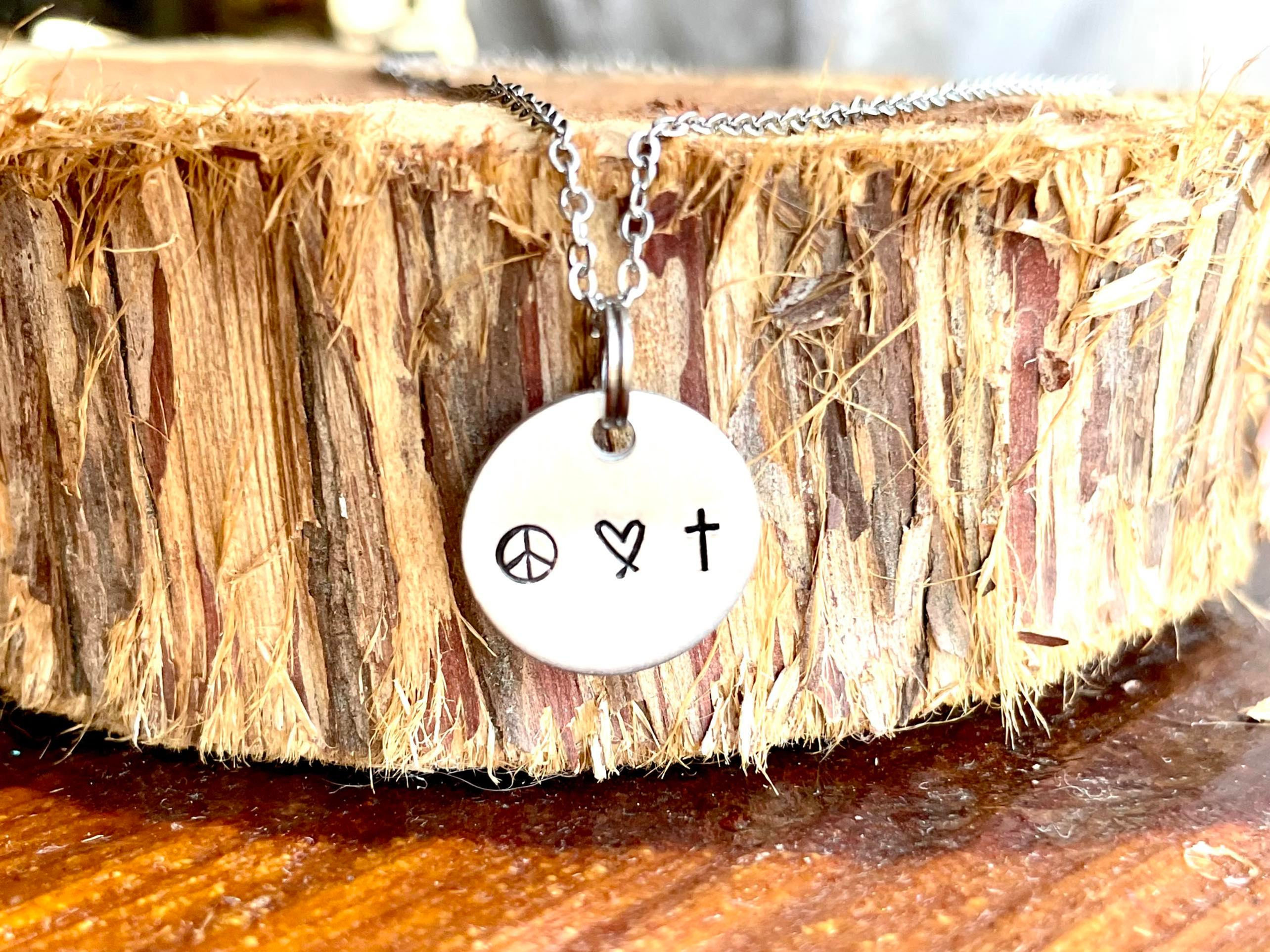 Disc Necklace- Peace, Love Gift- Hand Stamped Jewelry - Hand Stamped Necklace