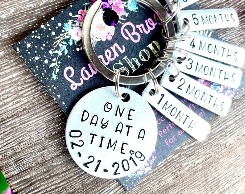 Thumbnail: One Day At a Time - Recovery Gifts - Sobriety Gifts- Sobriety Keychain-Sober AF