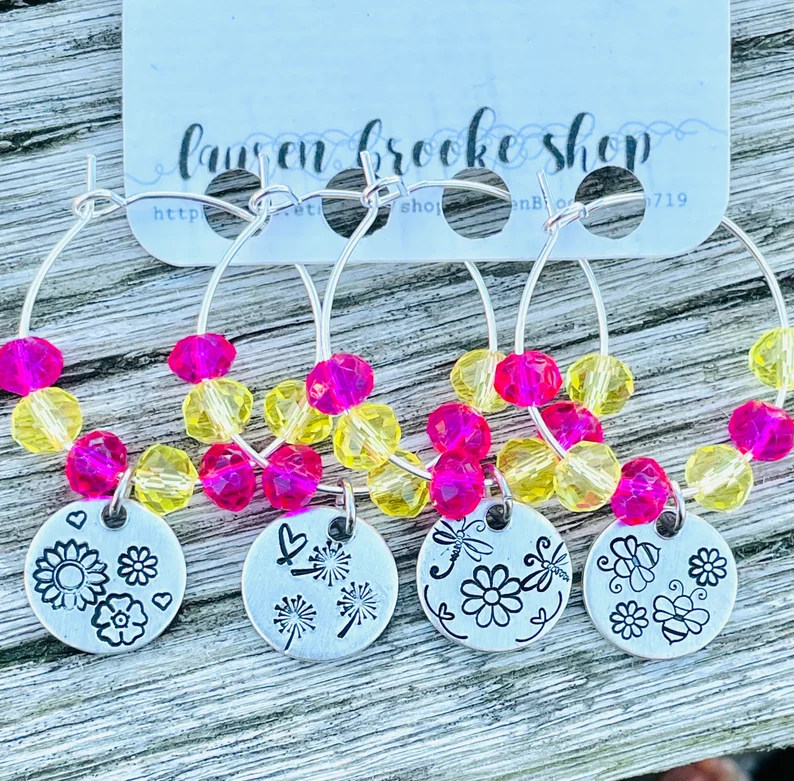 Thumbnail: Floral/Wilderness Wine Glass Charms- Wine Gifts- Nature Wine Charms