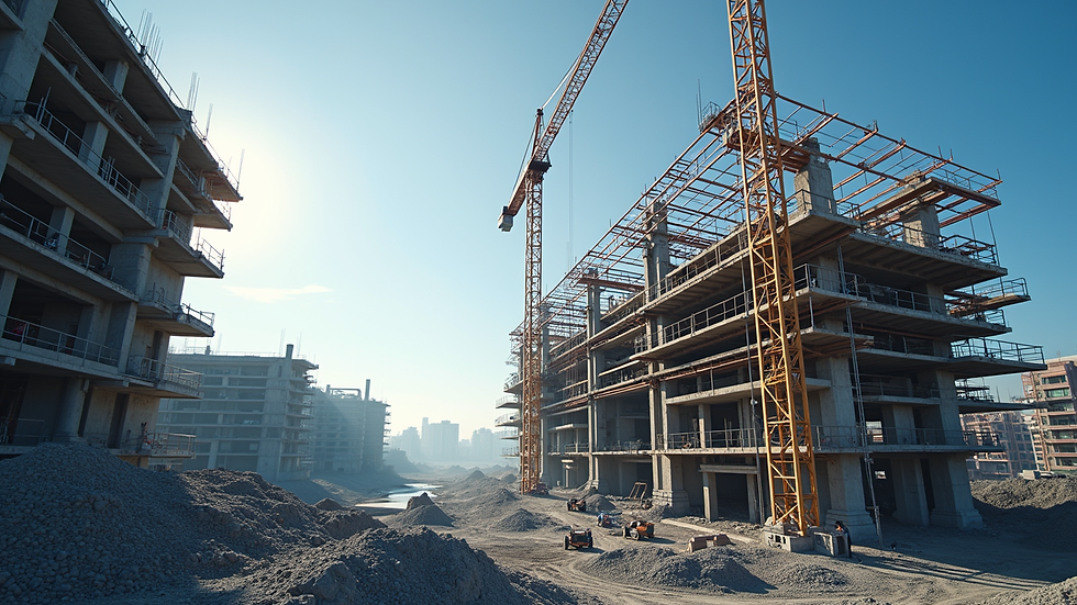 Wide angle view of a modern steel structure under construction