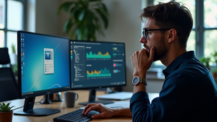Profissional de TI sentado em um escritório moderno, analisando atentamente dois monitores. Um dos monitores exibe a área de trabalho do Windows com uma janela aberta, enquanto o outro apresenta gráficos de monitoramento e métricas de desempenho. O especialista, vestindo uma camisa azul escura e óculos, apoia o queixo na mão em uma postura pensativa. O ambiente é bem iluminado, com janelas grandes ao fundo e plantas decorativas ao redor, transmitindo um clima profissional e organizado.