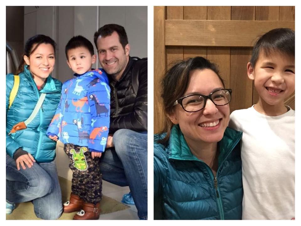 A photo of when we first met Hayden in China next to a photo of him standing next to me two years later. He has gotten taller by a few inches.