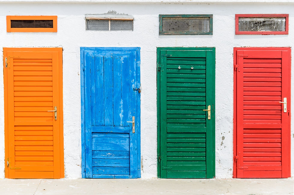 Four colorful doors side by side, symbolizing the four doorways of choice in coaching: limiting beliefs, saboteurs, assumptions, and perspectives.