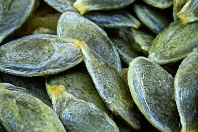 Close-up of dehydrated Kakai pumpkin seeds