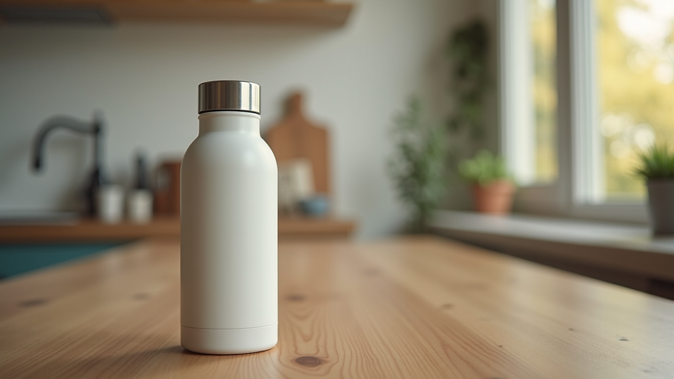 Close-up view of a reusable water filter bottle on a wooden table