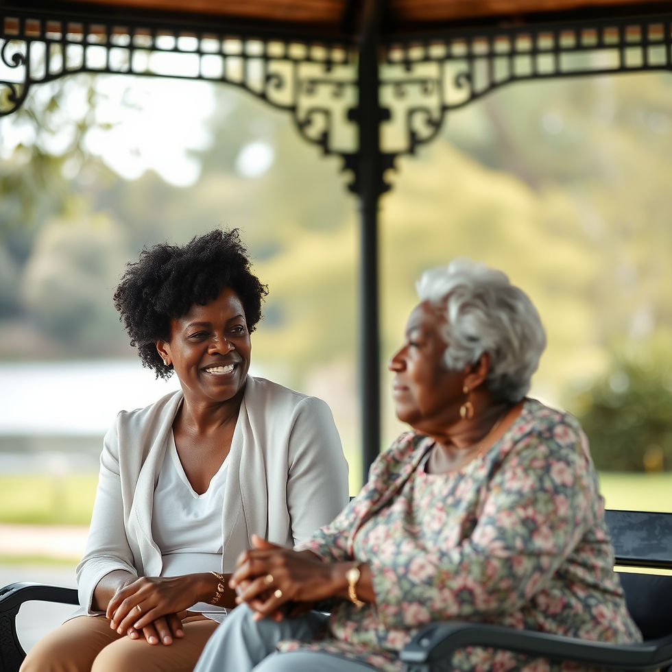 Two women chat and smile on a gazebo bench, with a soft green park and lake blurred in the background.